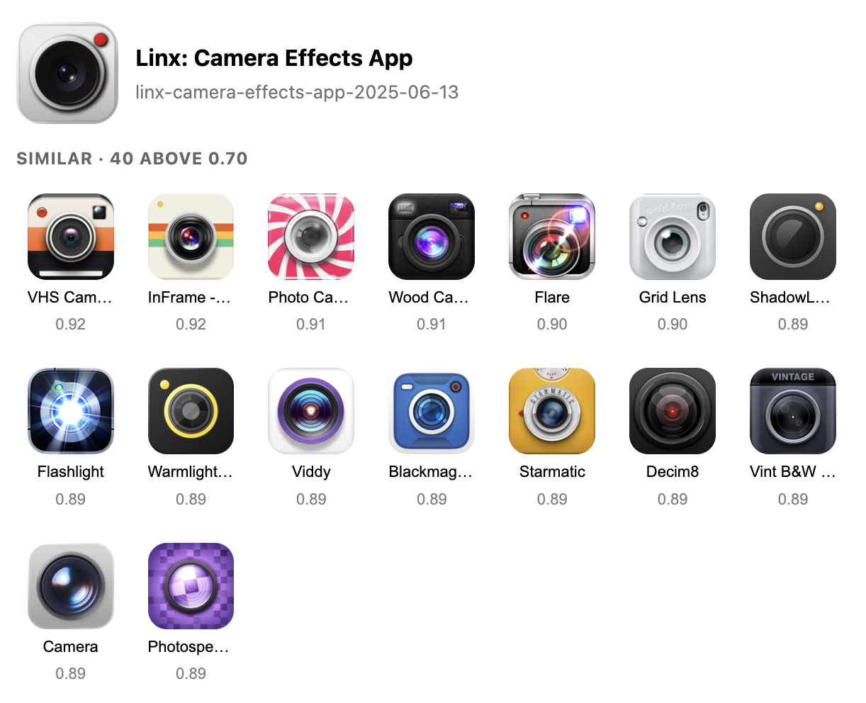 Linx Camera Effects app icon with a grid of visually similar camera app icons and their similarity scores