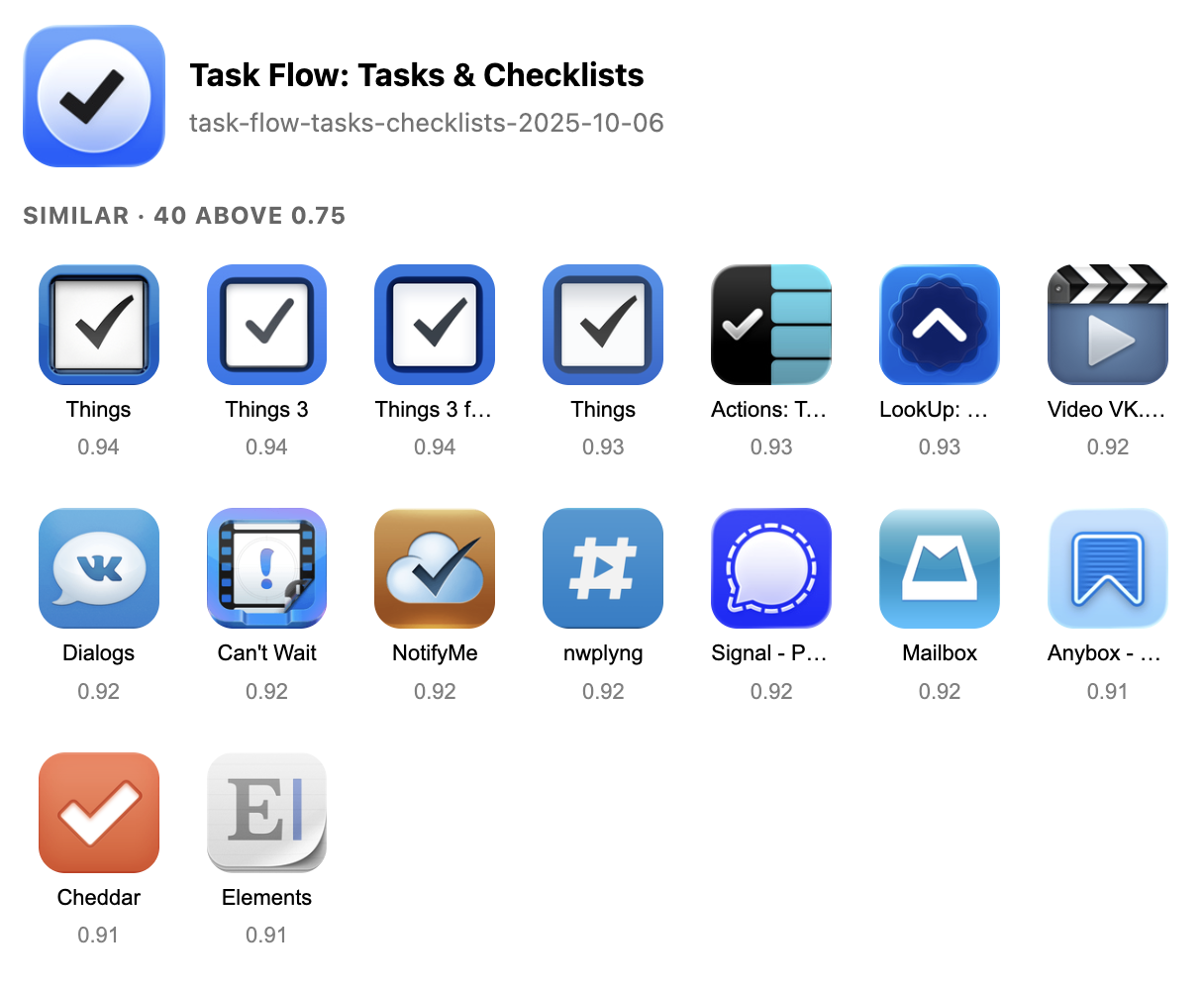 Things app icon with a grid of visually similar checkmark and task app icons and their similarity scores