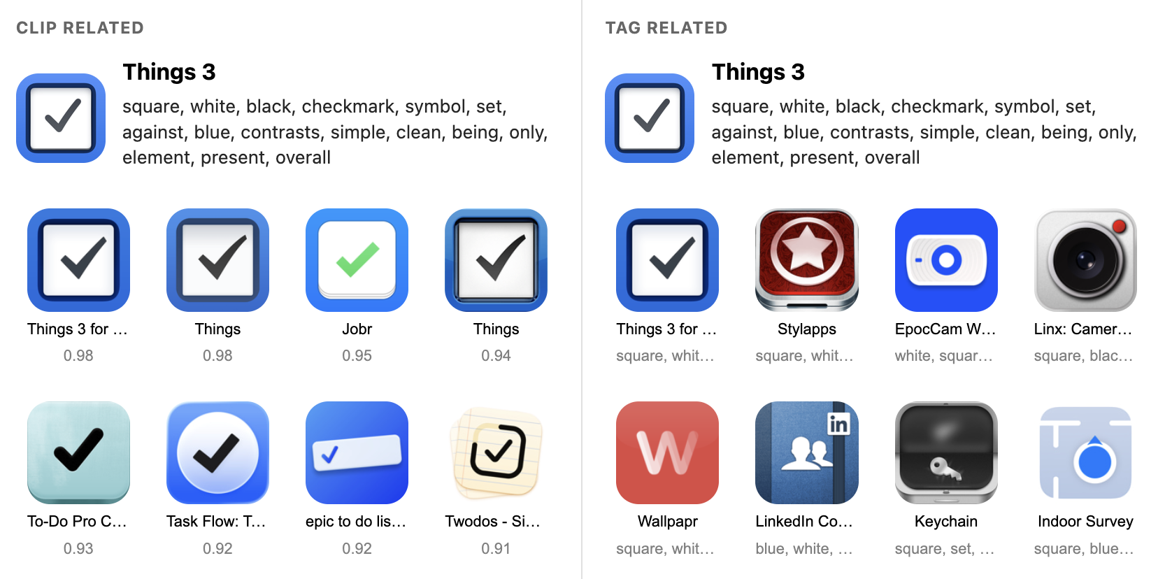 Comparison of CLIP- and tag-based related app icons for Things 3. CLIP returns visually similar checkmark icons, while tag matching returns a more varied set of icons sharing similar descriptive tags.