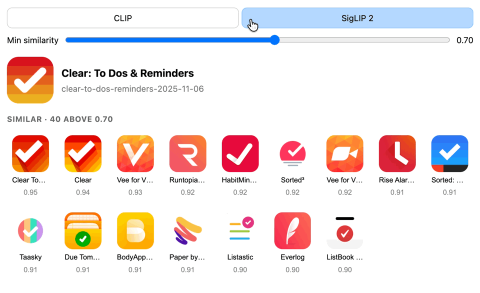 Animated comparison of visually similar app icon results using CLIP and SigLIP 2