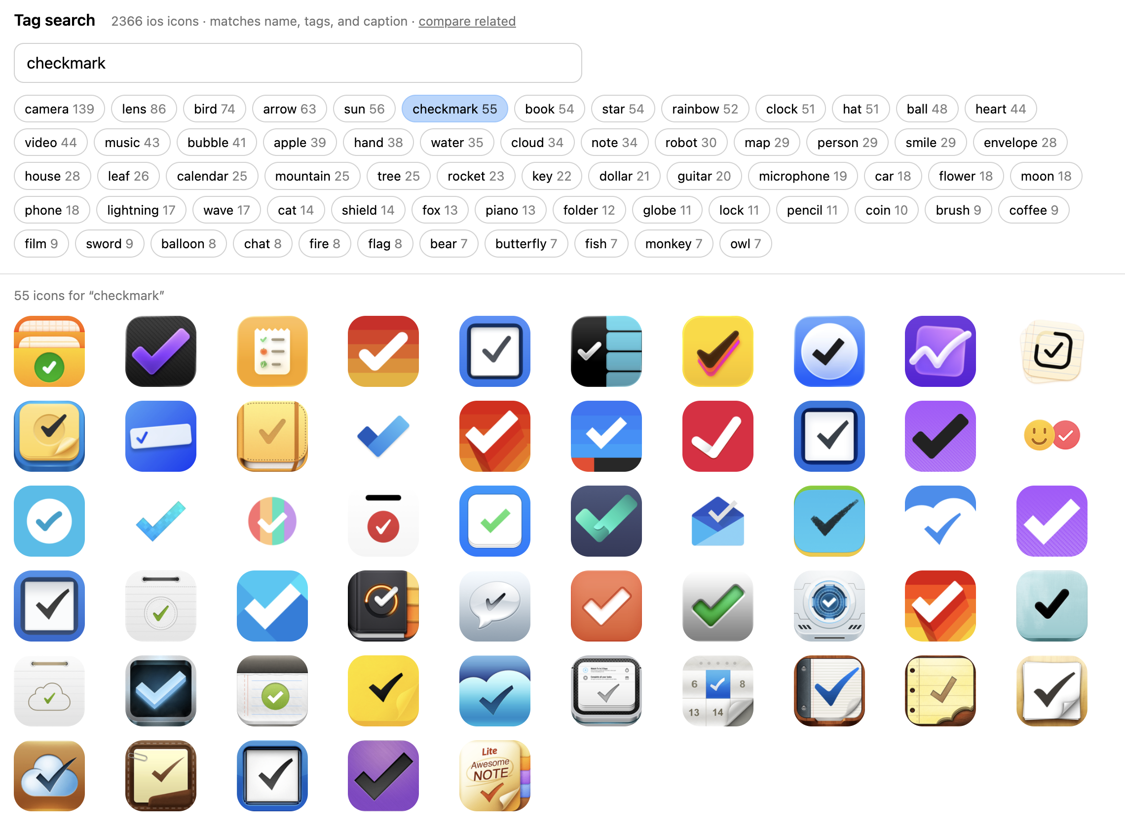 Search results for app icons tagged with “checkmark,” showing a grid of matching icons