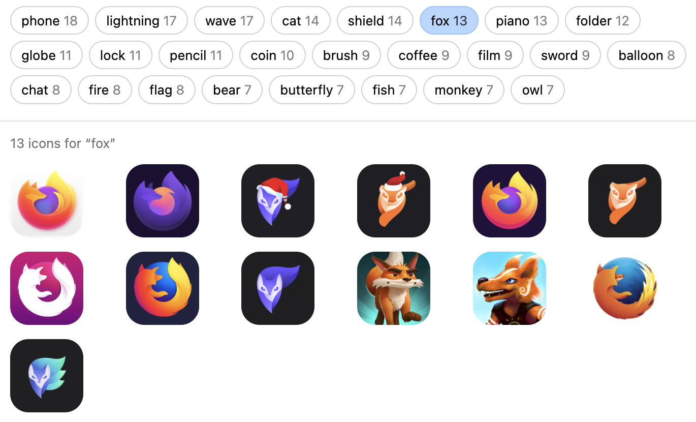 Search results for app icons tagged with “fox,” showing a grid of matching icons